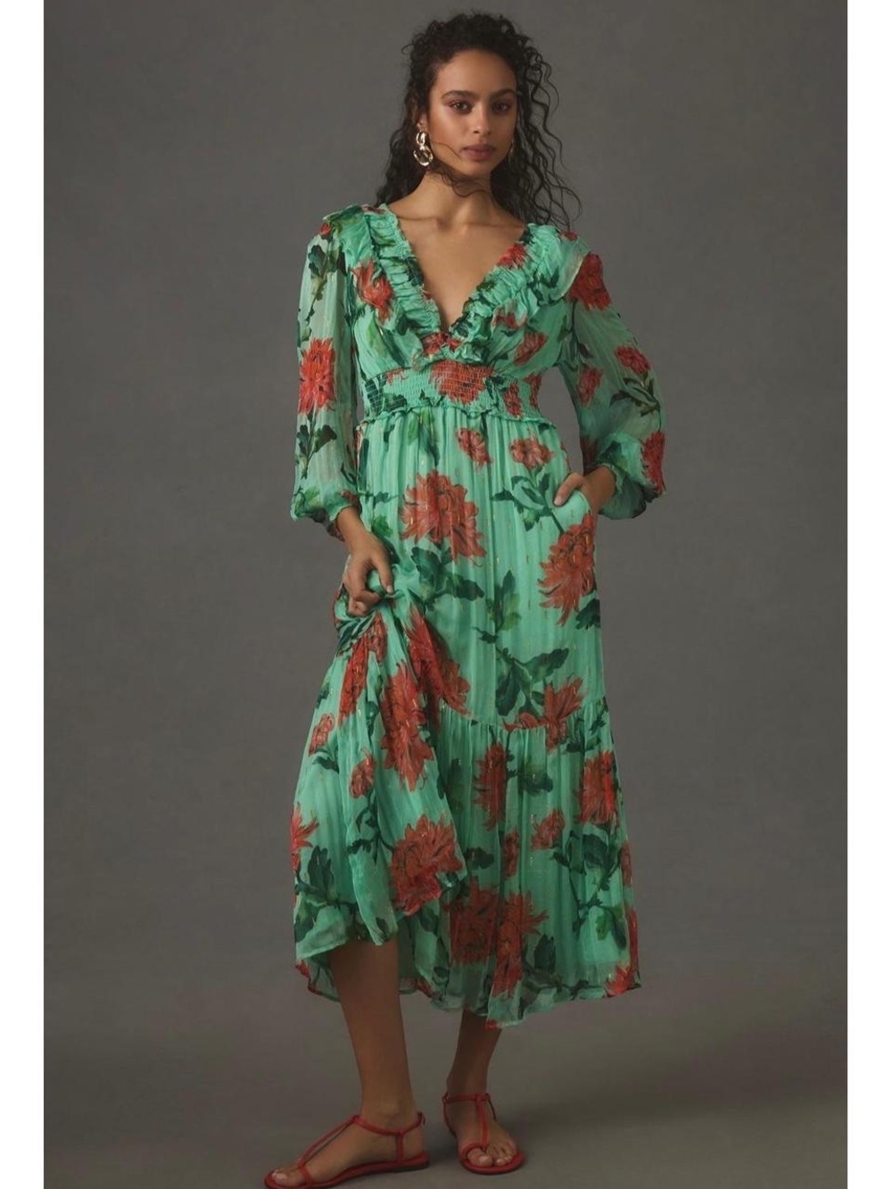 Anthropologie Floral Ruffle V-Neck Maxi Dress Mint & coral plus size 3X